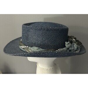 Womens USA Made Blue Straw Hat Beaded Braided Knotted Band Fedora Church Hat EUC